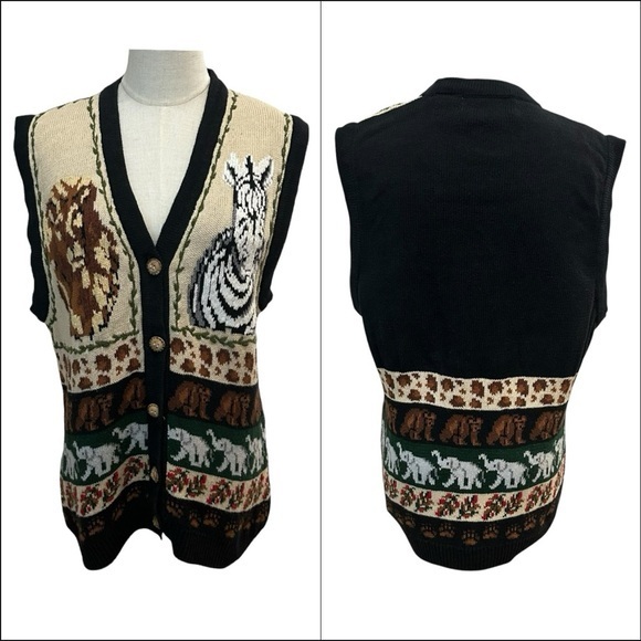 Eagle’s Eye Sweaters - Vintage 90s Eagles Eye Safari Zebra Knit‎ Vest Size L Lion Animal Print African